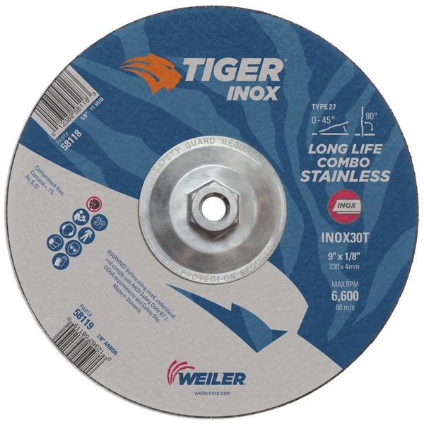 Weiler 9" x 1/8" TIGER INOX Type 27 Cut/Grind Combo Wheel, INOX30T, 5/8"-11 58118